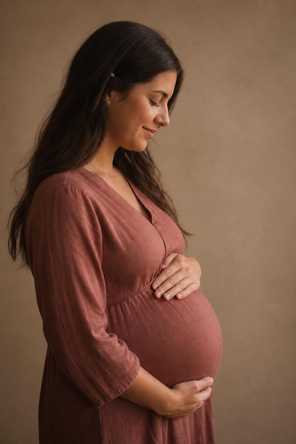 A woman gently cradling her pregnant belly in a peaceful moment